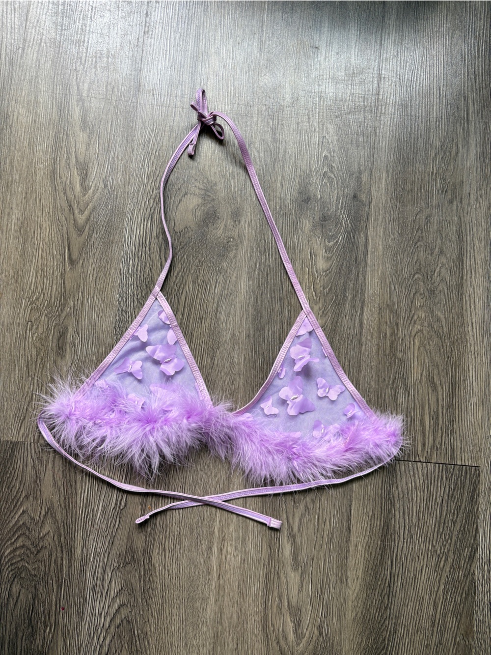 Purple Feather Bikini Top with Heart Cutouts